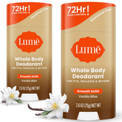 Lume Vanilla Bliss packaging shows the 2-pack for versatile odor protection.