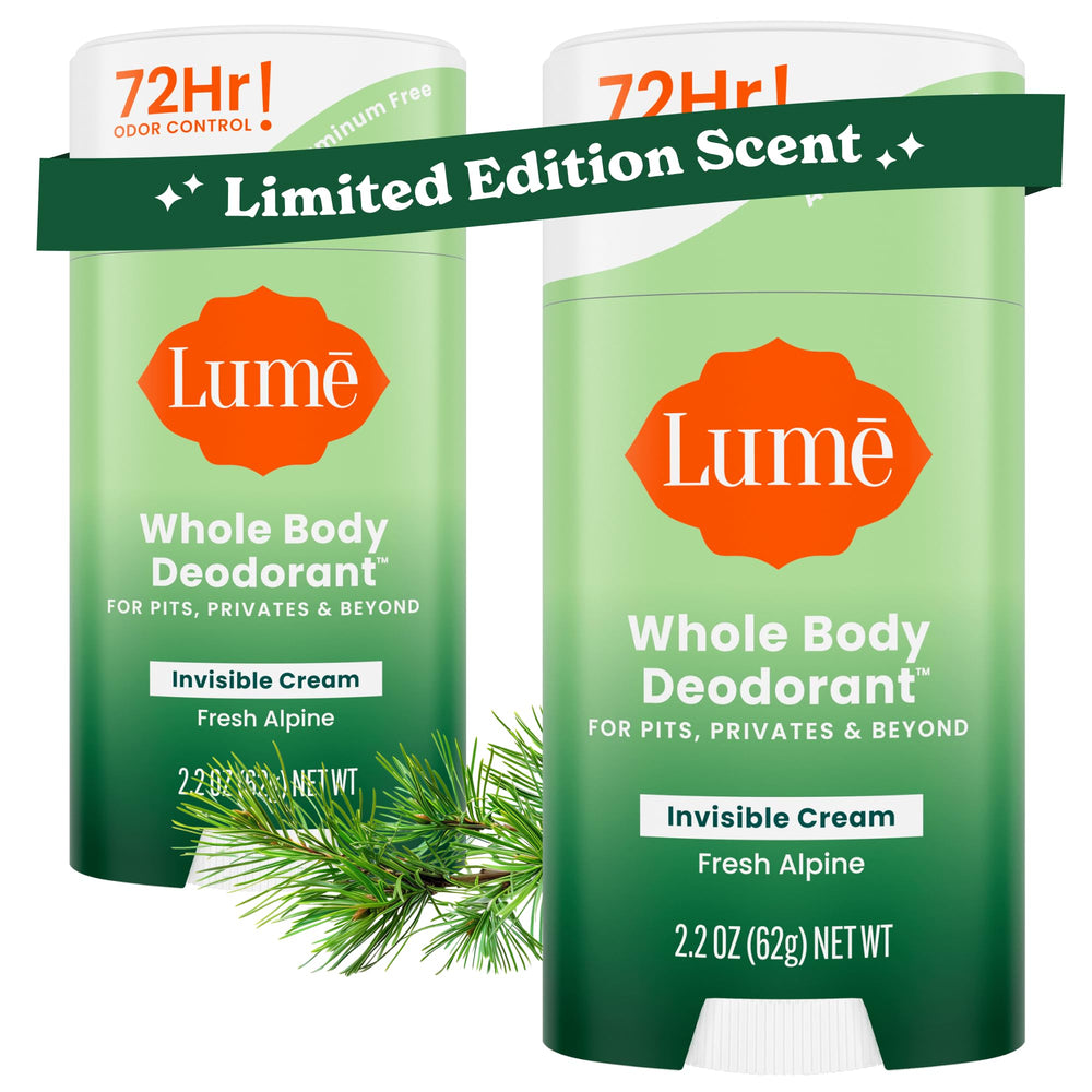 Lume whole body deodorant invisible cream stick front packaging for portable odor control.