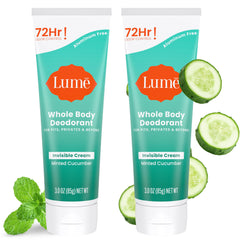 Lume whole-body deodorant invisible cream tube—application close-up for fast underarm odor control.