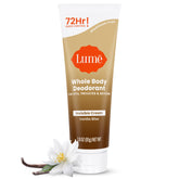 Lume Whole Body Deodorant Invisible Cream Tube application shows easy pea-sized amount for any nook.