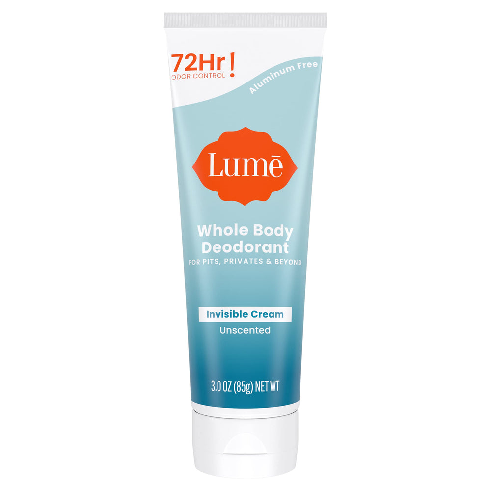 Lume Whole Body Deodorant Invisible Cream Tube close-up highlighting unscented, all-day odor control.