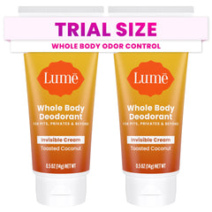Lume whole-body deodorant mini tube applying toasted coconut for all-day freshness.