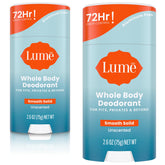Lume whole-body deodorant smooth solid unscented—gentle glide for all-day odor control.