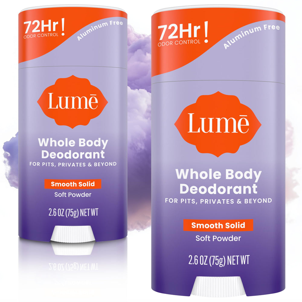 Lume whole body deodorant soft powder stick for all-day odor control.