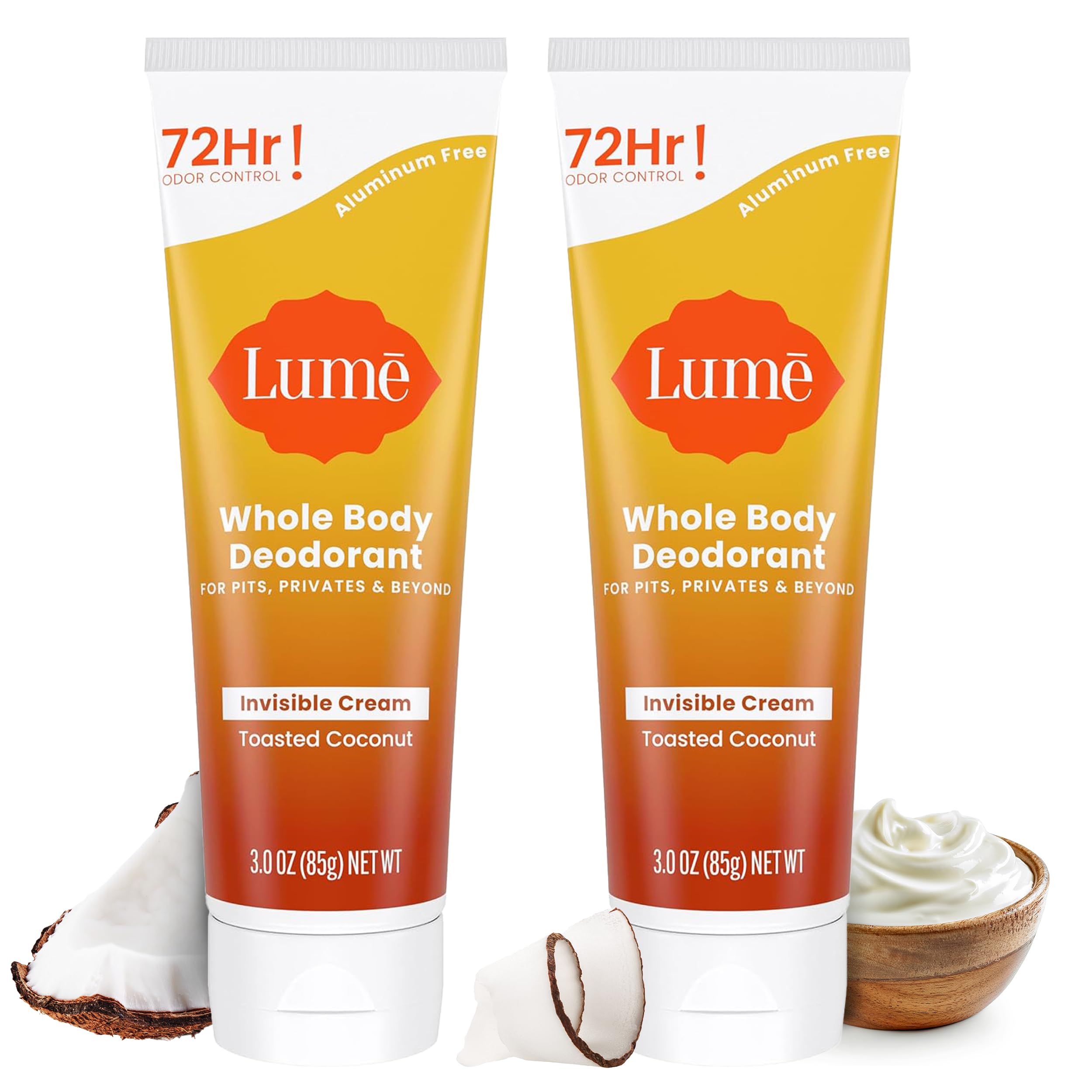 Lume Whole Body Deodorant toast coconut tube front shows invisible cream odor control all day.