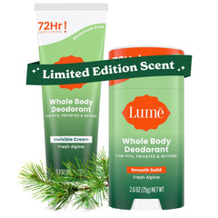 Lume Whole Body Deodorant tube in Fresh Alpine, compact for travel odor control.