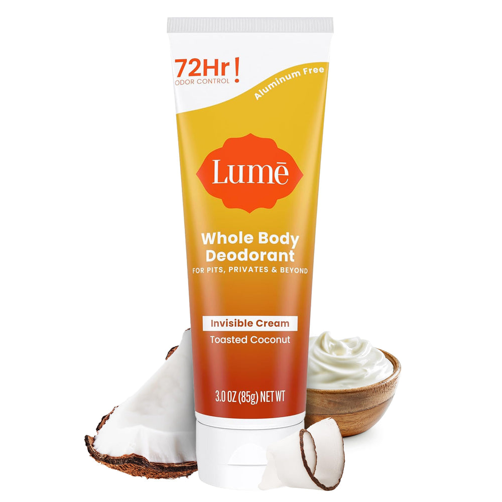 Lume whole body deodorant tube front demonstrates all-day odor control with a skin-friendly formula