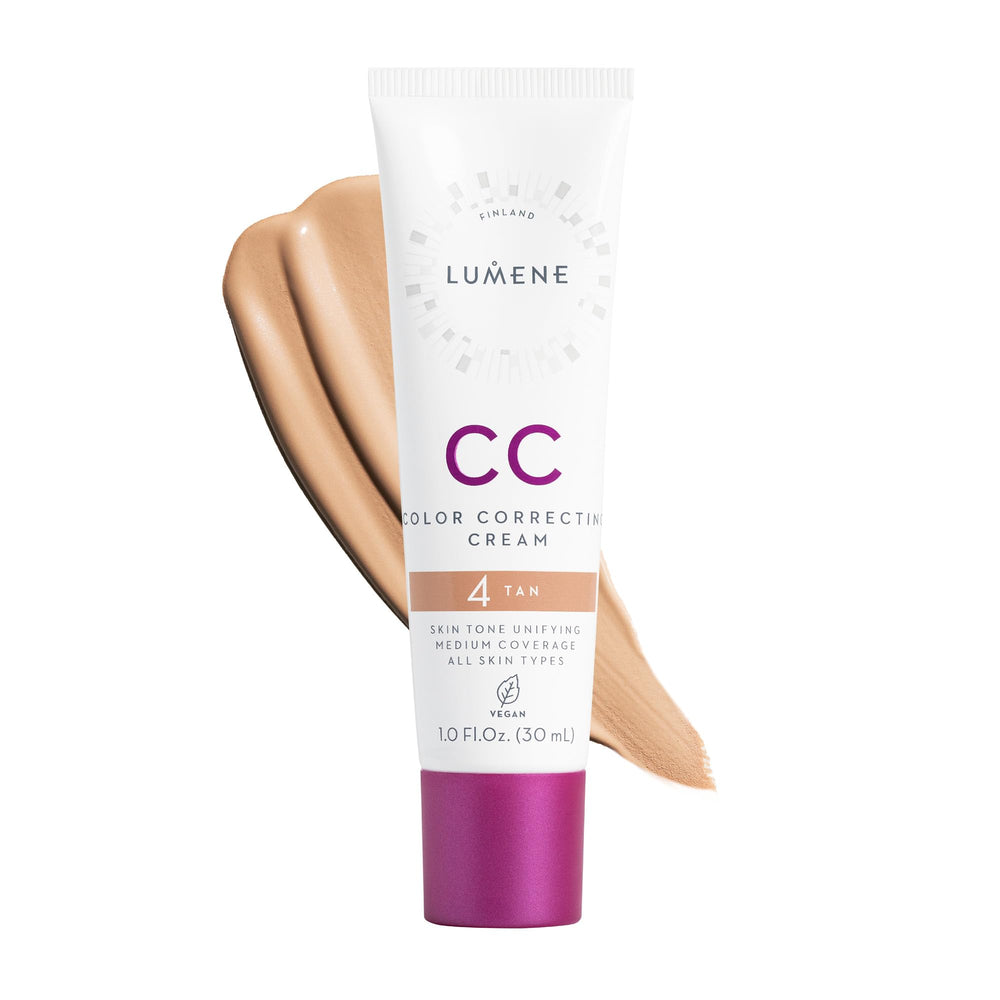Lumene Color Correcting CC Cream Tan bottle demonstrates lightweight, hydrating coverage for even skin tone.