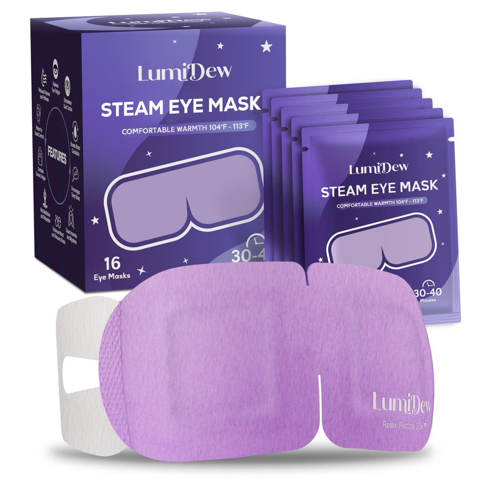 LumiDew Steam Eye Mask packaging shows self heating technology for travel ready relief