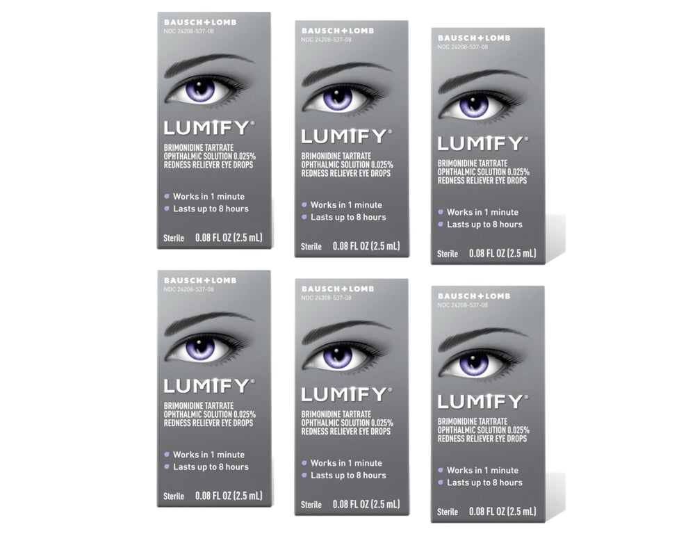Lumify eye drops bottle demonstrates redness-relief formula for whiter-looking eyes.