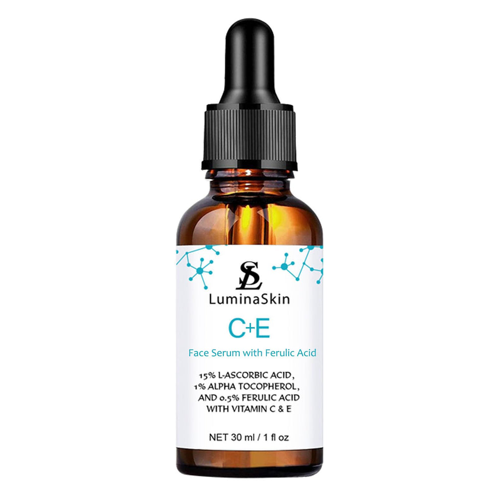 LuminaSkin Vitamin C Serum bottle close-up emphasizing antioxidant protection