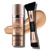 LUMINESS Silk Airbrush Foundation bottle close-up highlighting buildable coverage for radiant skin