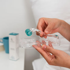 Lunèra derma roller beard application demonstrates ergonomic grip for beard care.