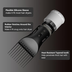 LURA blow dryer comb attachment mounted on a dryer with flexible silicone sleeve