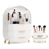 LURCNS makeup organizer with lid and drawers keeps cosmetics organized on a white vanity