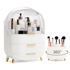 LURCNS makeup organizer with lid and drawers keeps cosmetics organized on a white vanity