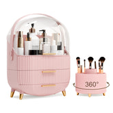 Lurcns makeup organizer pink lid and drawers keeps cosmetics neatly organized on the vanity.