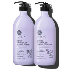 Luseta Biotin B-Complex Shampoo bottle pours rich lather for fuller-looking hair.
