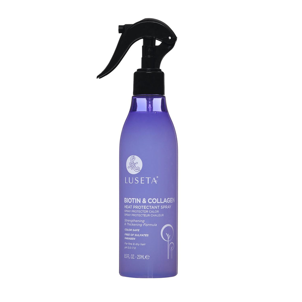 Luseta Biotin & Collagen Heat Protection Spray bottle on countertop, lightweight protection for heat styling.