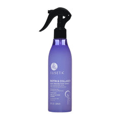 Luseta Biotin & Collagen Heat Protection Spray bottle on countertop, lightweight protection for heat styling.