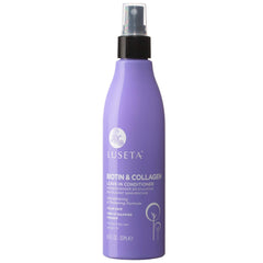 Luseta Biotin Leave-In Conditioner bottle pour promoting hydration for damaged hair.