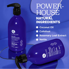 Luseta blue conditioner rinsing through hair for smooth color-treated locks.