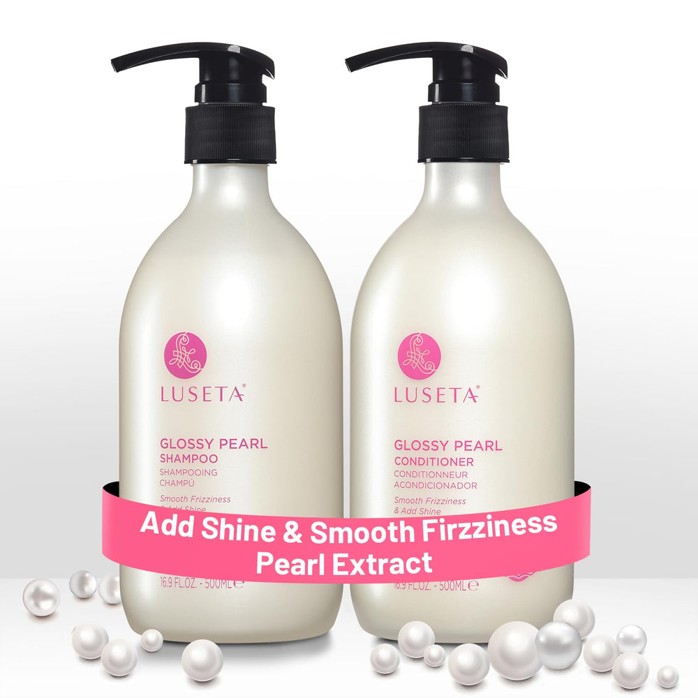 Luseta Glossy Pearl shampoo bottle shows anti-frizz hydration for silky, tangle-free hair