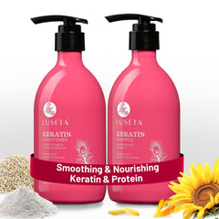 Luseta Keratin Shampoo bottle closeup highlighting color-safe cleansing and shine.