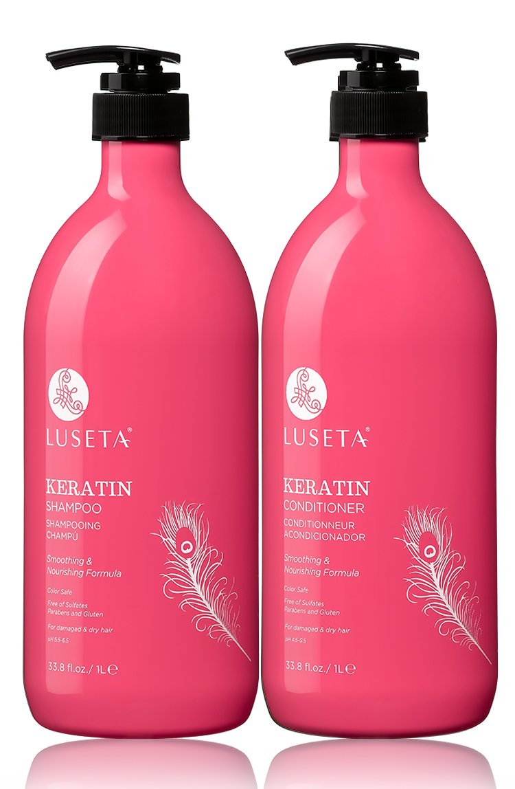 Luseta Keratin Smooth Shampoo bottle shows sulfate-free cleansing for damaged hair.