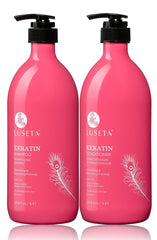 Luseta Keratin Smooth Shampoo bottle shows sulfate-free cleansing for damaged hair.