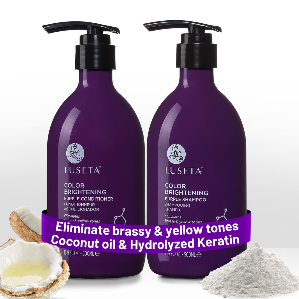 Luseta purple shampoo bottle showing color-safe cleansing for blonde and gray hair.