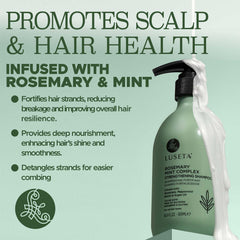 L LUSETA Rosemary Mint ingredients close-up features rosemary and argan oil for scalp care.