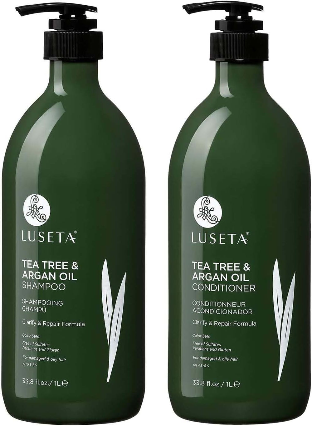 Luseta Tea Tree & Argan Oil detangling shampoo bottle demonstrates hydrating formula for hair