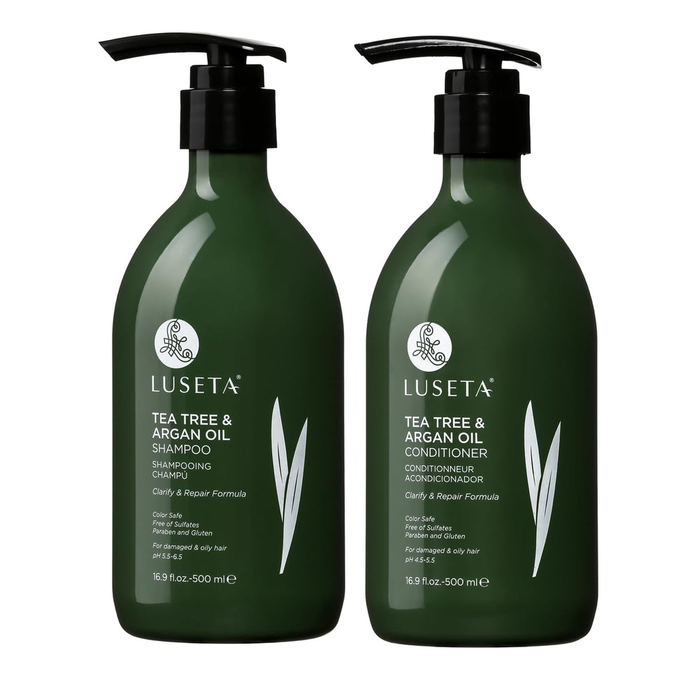 Luseta tea tree shampoo bottle shows a clarifying cleanse for oily scalp.