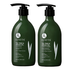 Luseta tea tree shampoo bottle shows a clarifying cleanse for oily scalp.
