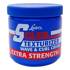 Luster's S Curl Texturizer Extra Strength cream jar closeup shows rich moisture for curl definition.