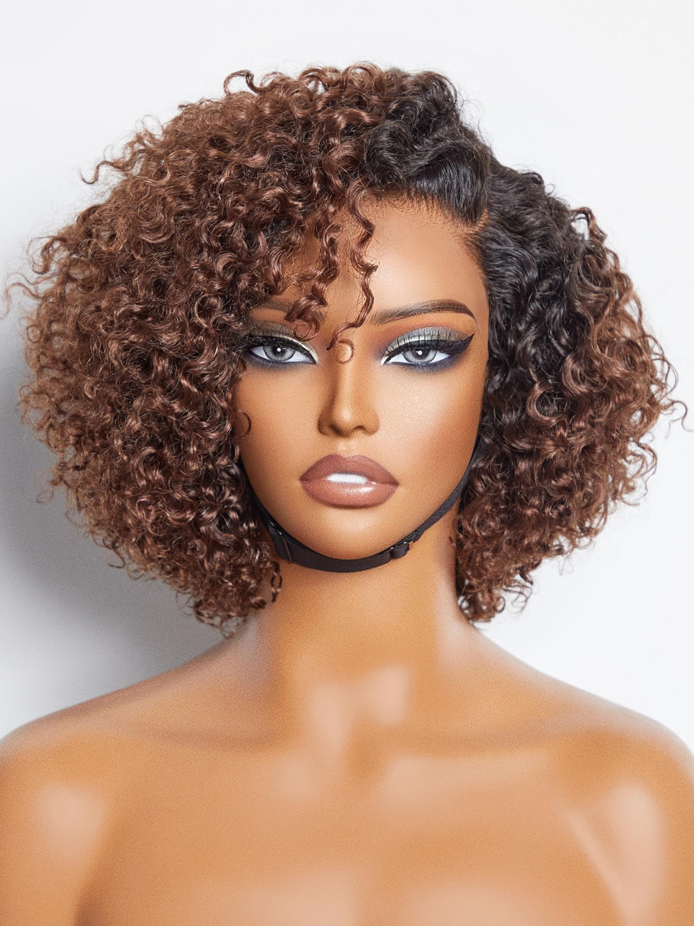 LUVME HAIR 8inch kinky curly ombre brown bob wig, front view showing natural volume