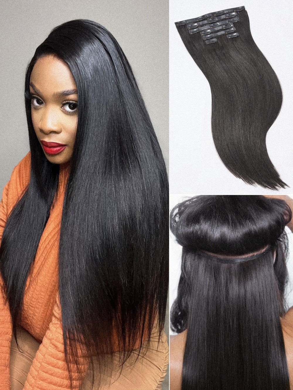LUVME Yaki Straight clip-in extensions 16-inch natural black for seamless blend.