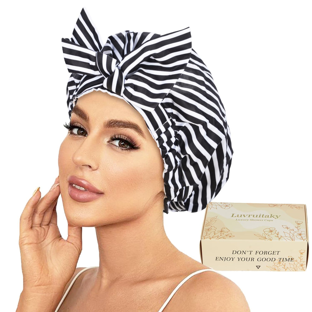 Luvruitaky shower cap bowknot-black-stripe detail for secure fit and style.