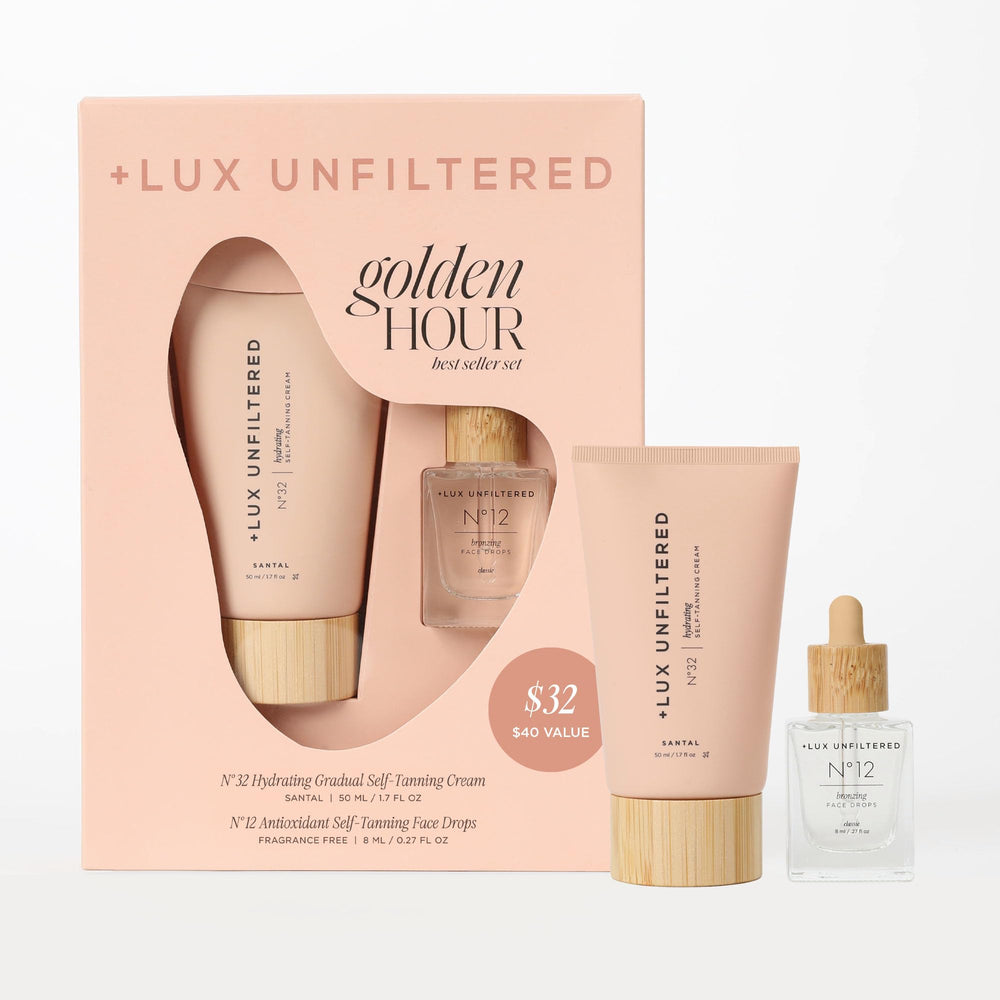 Lux Unfiltered mini Golden Hour Set box highlights travel-friendly tanning kit for on-the-go glow