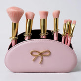 Luxape Bow Makeup Brush Set front view with pink bow bag for stylish storage
