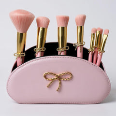 Luxape Bow Makeup Brush Set front view with pink bow bag for stylish storage