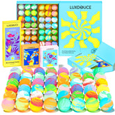 LUXDOUCE 48-pack bath bombs box shows vibrant colors for a mood-boosting soak.