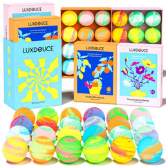 LUXDOUCE bath bombs floral euphoria pack for relaxing spa-like bath scenarios.