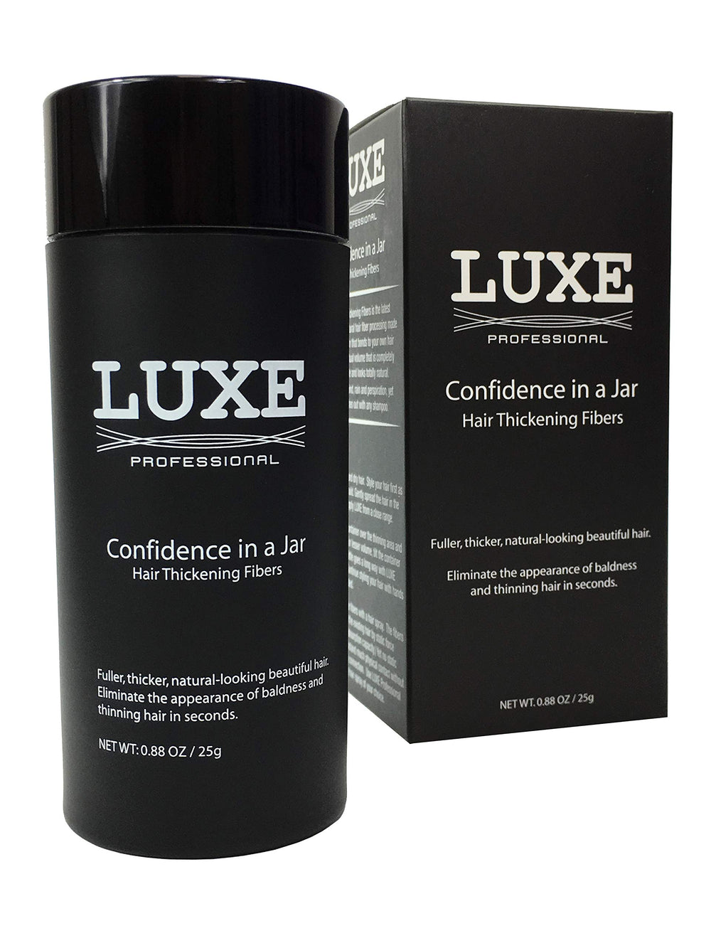 LUXE Hair Building Fibers bottle close-up showing natural coverage