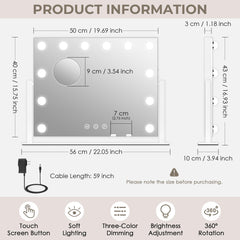 LuxeVue vanity mirror with dimmable LEDs for day-to-night brightness customization.