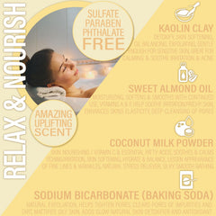 Luxiny soft-silky skin bath powder demonstrates moisturizing coconut milk and almond oil.