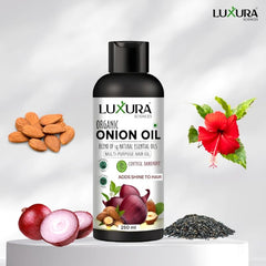 Luxura Sciences Organic Onion Oil bottle close-up for scalp massage