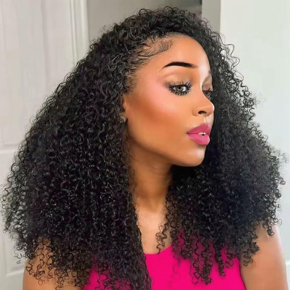 LUXYROSE kinky curly half wig features face-framing density for natural volume.