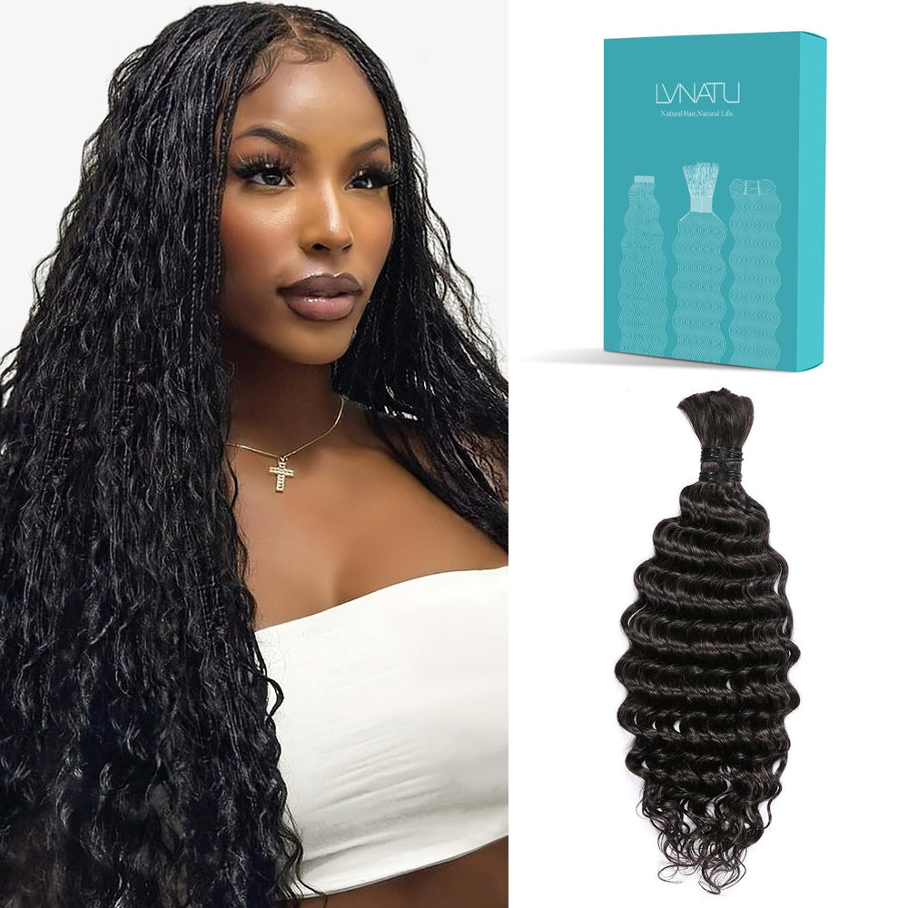 Lvnatu bulk braiding hair in deep-wave 22-inch jet black for natural-looking braids